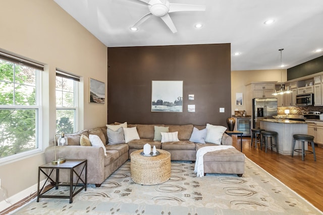 221 N Townsend St, New Buffalo, MI 49117 - living room featuring light wood finished floors, a ceiling fan, recessed lighting, and baseboards