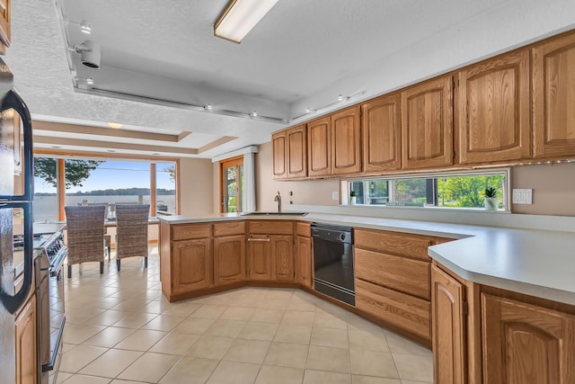 150 Hyde Rd, Clarklake, MI 49234 - kitchen with a peninsula, black appliances, a sink, brown cabinets, and light tile patterned floors