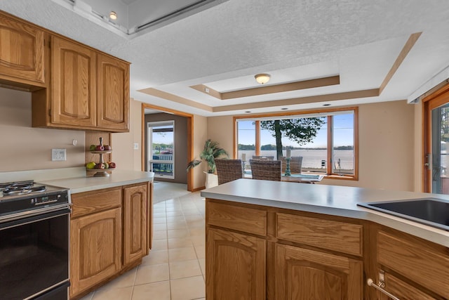 150 Hyde Rd, Clarklake, MI 49234 - kitchen with black range with electric stovetop, a raised ceiling, light countertops, brown cabinets, and light tile patterned floors