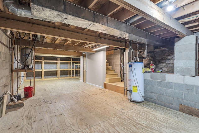 150 Hyde Rd, Clarklake, MI 49234 - unfinished below grade area with gas water heater, stairs, and concrete block wall