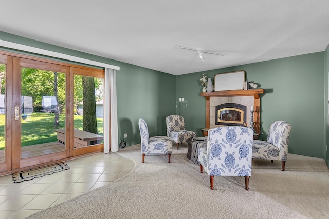 150 Hyde Rd, Clarklake, MI 49234 - tiled living area with rail lighting, a tiled fireplace, and carpet flooring