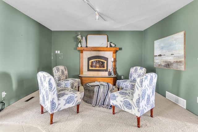 150 Hyde Rd, Clarklake, MI 49234 - sitting room featuring carpet floors, track lighting, a fireplace, and a textured ceiling