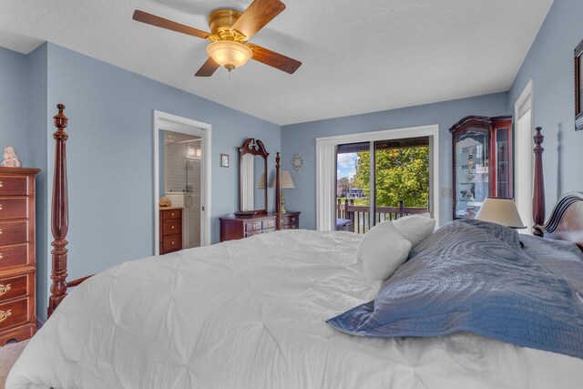 bedroom featuring ensuite bathroom, ceiling fan, and access to exterior