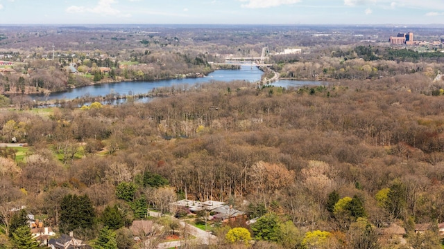 birds eye view of property with a water view and a forest view