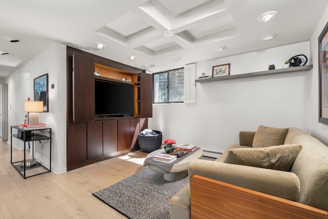 living room featuring baseboard heating, beam ceiling, light wood-style flooring, recessed lighting, and coffered ceiling