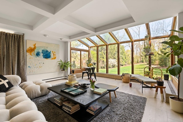 sunroom featuring coffered ceiling, a baseboard heating unit, hardwood / wood-style flooring, and beam ceiling