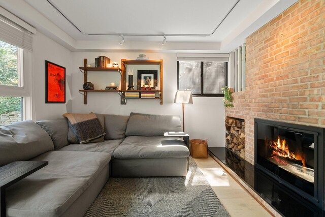 living area with a fireplace, rail lighting, and wood finished floors