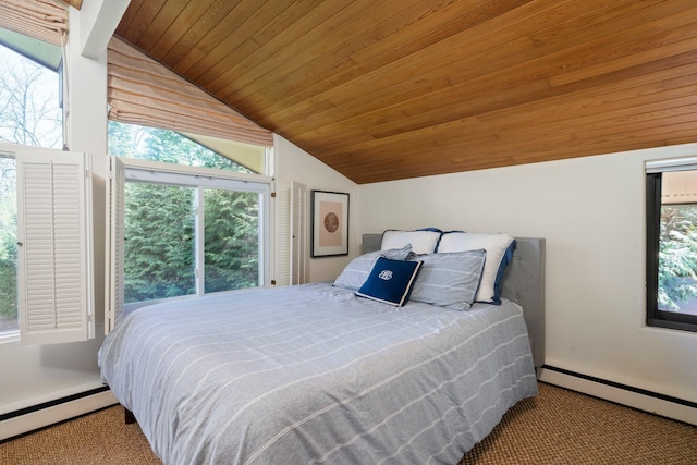 bedroom with a baseboard radiator, vaulted ceiling, a baseboard heating unit, and multiple windows