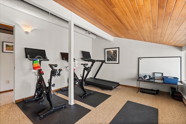 workout room featuring carpet floors, wood ceiling, baseboards, and vaulted ceiling