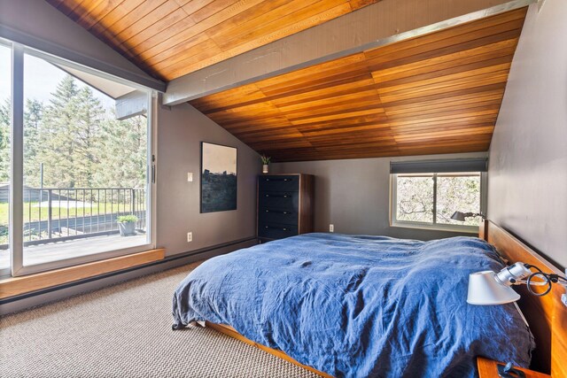 carpeted bedroom featuring wood ceiling, vaulted ceiling with beams, and access to exterior