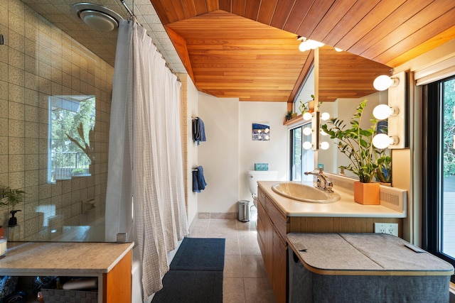 full bath featuring curtained shower, wood ceiling, tile patterned flooring, and vanity