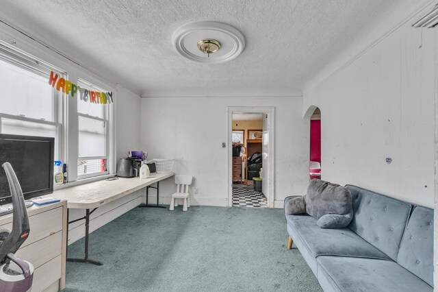 15885 Indiana St, Detroit, MI 48238 - home office featuring carpet floors, arched walkways, and a textured ceiling