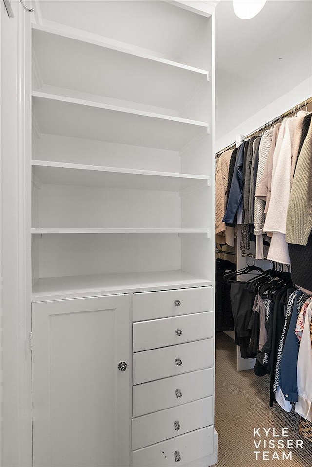walk in closet with carpet