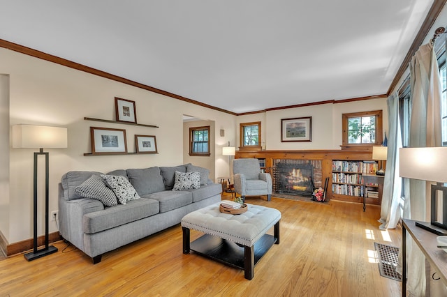 1115 Henry St, Ann Arbor, MI 48104 - living area featuring a fireplace, light wood-style floors, healthy amount of natural light, and crown molding