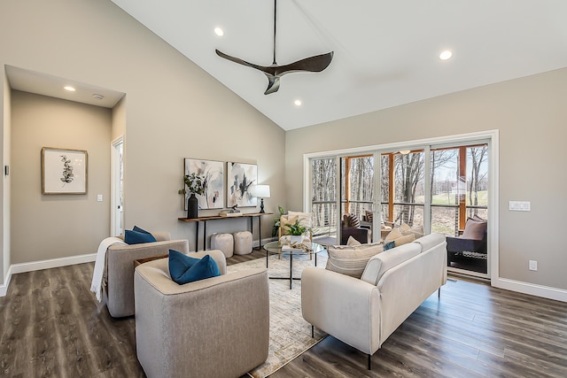 5215 Grande View Ln, Jackson, MI 49201 - living area featuring a ceiling fan, baseboards, high vaulted ceiling, recessed lighting, and dark wood-type flooring