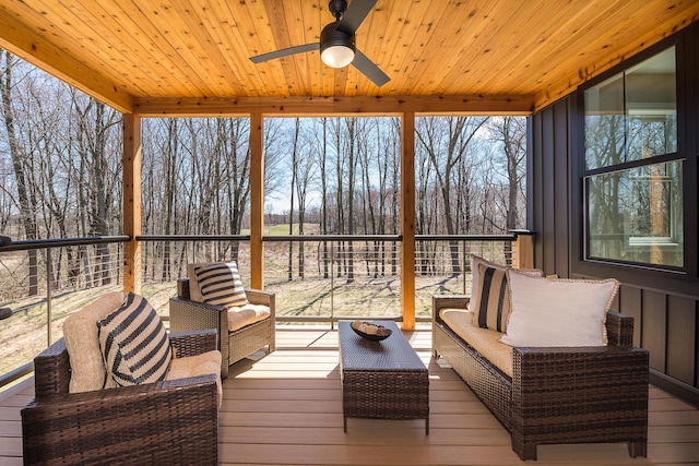 5215 Grande View Ln, Jackson, MI 49201 - wooden terrace with an outdoor living space, a ceiling fan, and a water view