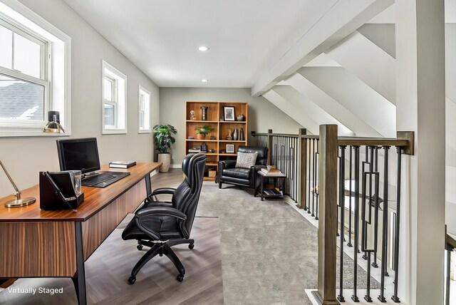 5182 Grande View Ln, Jackson, MI 49201 - office with vaulted ceiling with beams, recessed lighting, and wood finished floors