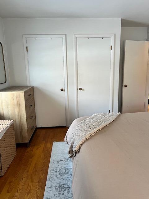 bedroom with multiple closets and dark wood-type flooring