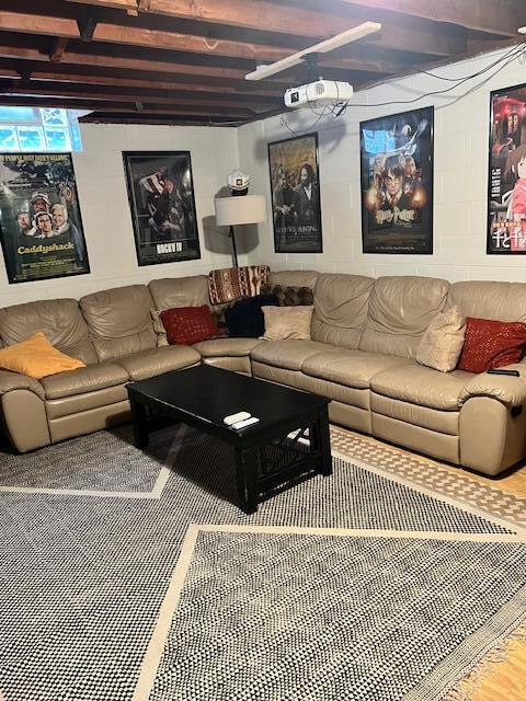 living room featuring wood finished floors and concrete block wall