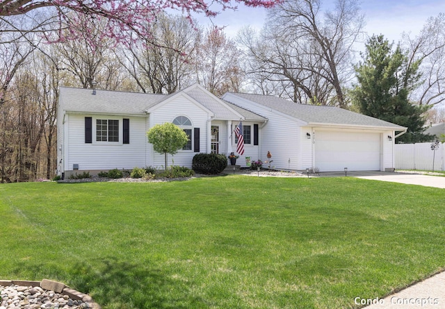 ranch-style house with an attached garage, a front lawn, fence, and concrete driveway