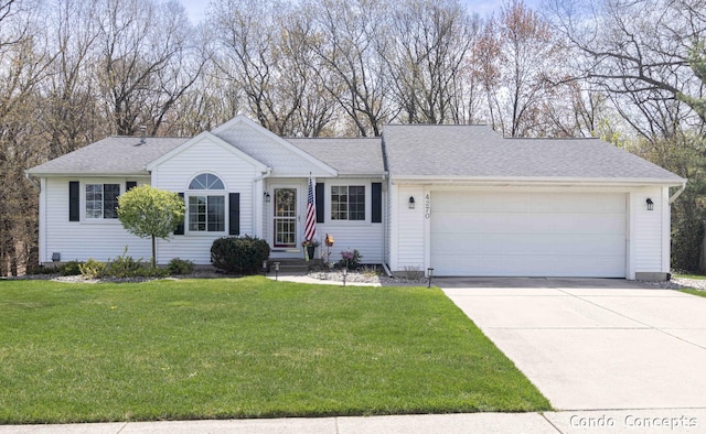 single story home with roof with shingles, an attached garage, driveway, and a front lawn