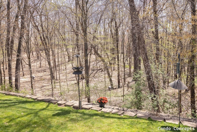 view of yard featuring a forest view