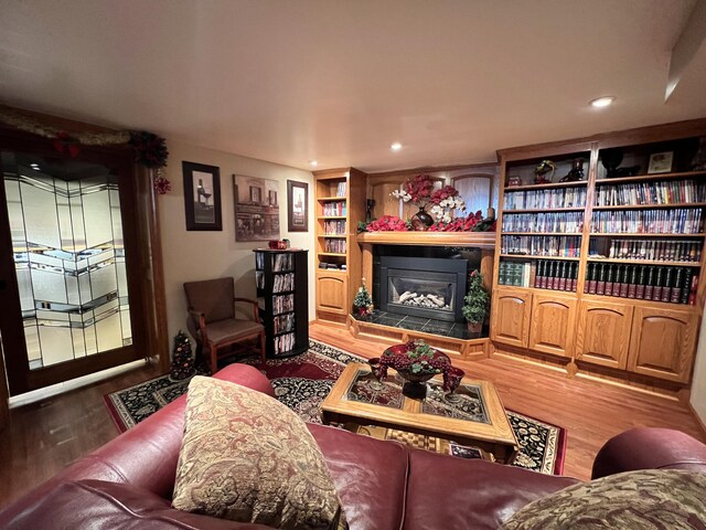 3817 Butterworth St SW, Grand Rapids, MI 49534 - living area with wood finished floors, a glass covered fireplace, and recessed lighting