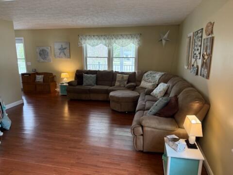 935 E 6th St, Pentwater, MI 49449 - living room with a textured ceiling, baseboards, and wood finished floors