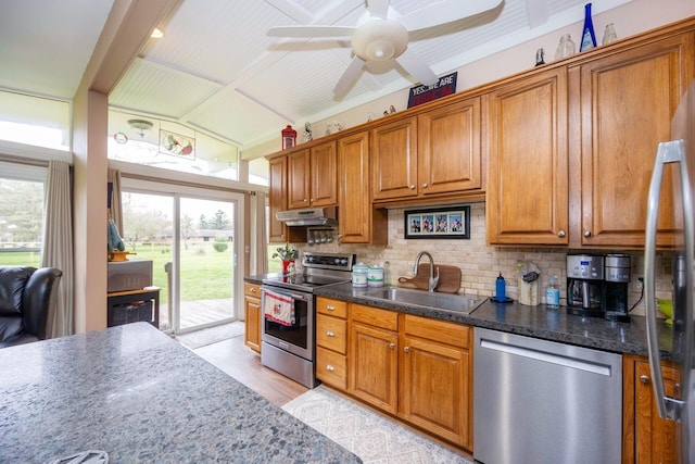 5009 John Holmes Rd, Ann Arbor, MI 48103 - kitchen with stainless steel appliances, a sink, under cabinet range hood, and brown cabinets