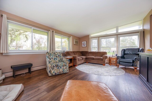 5009 John Holmes Rd, Ann Arbor, MI 48103 - living area featuring lofted ceiling, healthy amount of natural light, dark wood finished floors, and a wall mounted AC