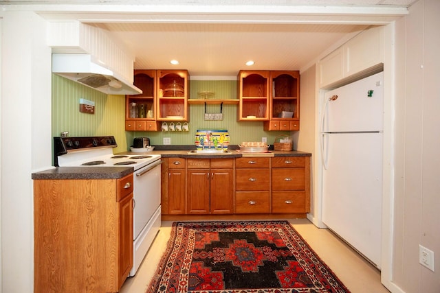 5009 John Holmes Rd, Ann Arbor, MI 48103 - kitchen featuring white appliances, brown cabinetry, open shelves, a sink, and dark countertops