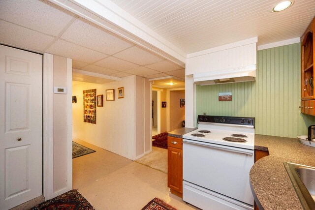 5009 John Holmes Rd, Ann Arbor, MI 48103 - kitchen featuring white electric range oven, under cabinet range hood, a drop ceiling, dark countertops, and a sink
