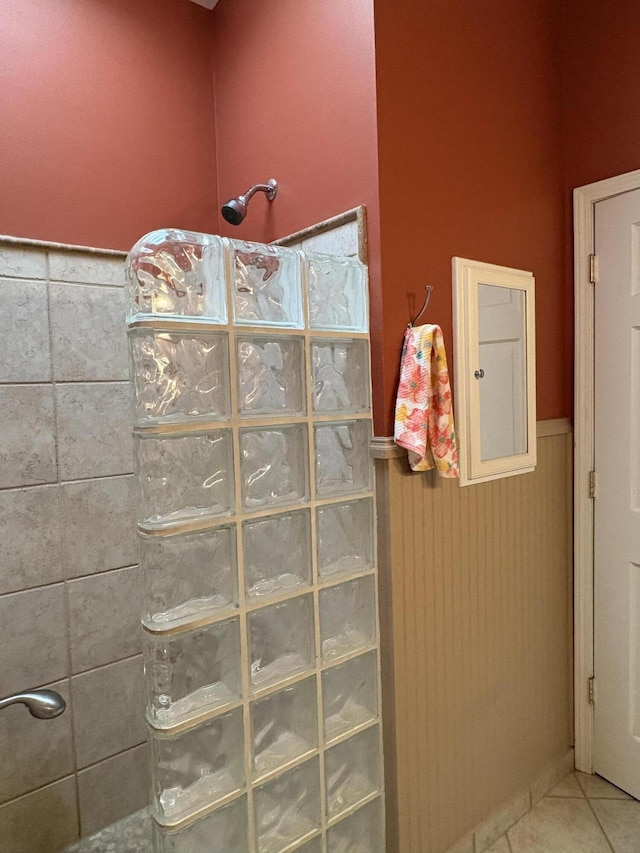 5009 John Holmes Rd, Ann Arbor, MI 48103 - bathroom featuring walk in shower, tile patterned floors, and wainscoting