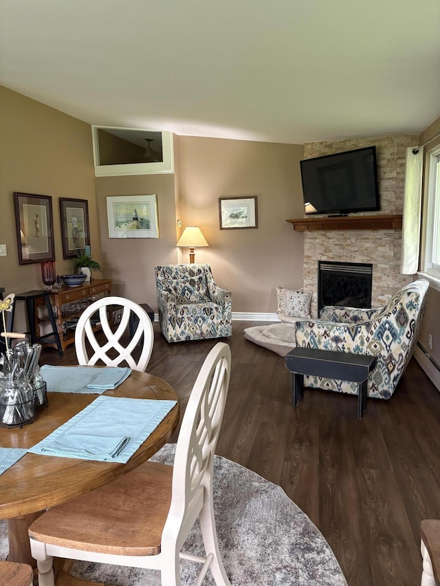 5009 John Holmes Rd, Ann Arbor, MI 48103 - dining room featuring wood finished floors, a stone fireplace, and baseboards