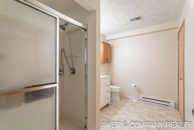 bathroom with a textured ceiling, visible vents, a shower stall, vanity, and a baseboard radiator