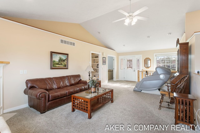 carpeted living area with high vaulted ceiling, baseboards, a ceiling fan, and visible vents