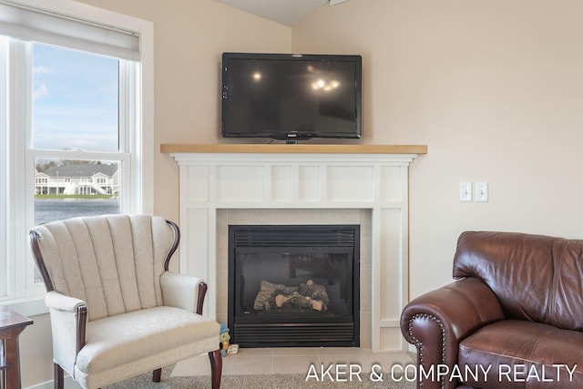 room details featuring a tile fireplace
