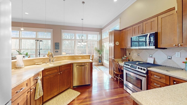 kitchen with a sink, stainless steel appliances, a healthy amount of sunlight, crown molding, and wood finished floors