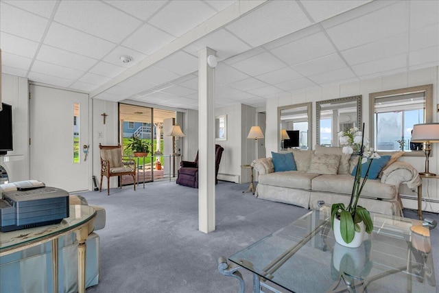 7226 Lakeview Dr, Lexington, MI 48450 - living area with carpet, a paneled ceiling, and a baseboard heating unit