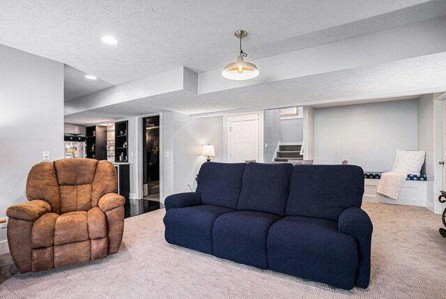 3080 Silver Fir Ct, Holland, MI 49424 - living area with stairway, recessed lighting, carpet floors, baseboards, and a textured ceiling