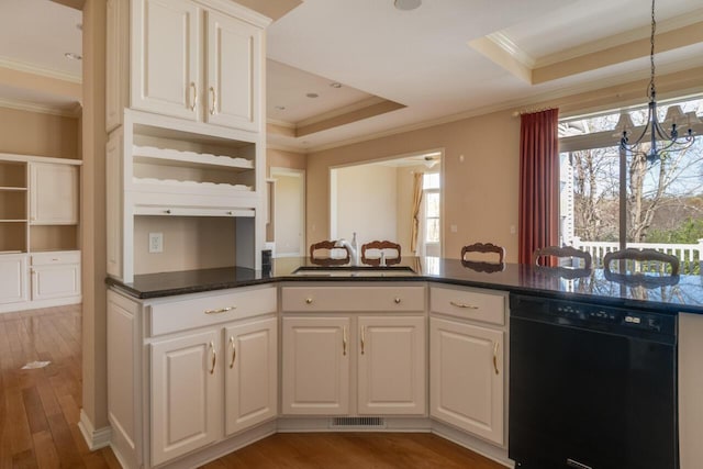 8660 Oakland Hills Cir, Portage, MI 49024 - kitchen featuring a sink, open shelves, black dishwasher, and ornamental molding
