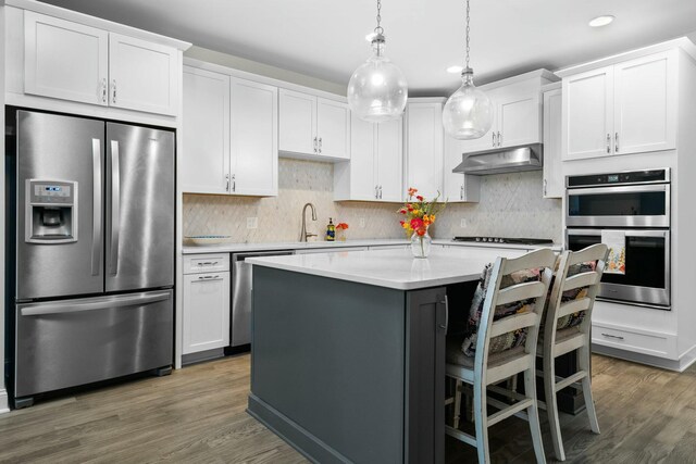 3100 Millbury Ln, Ann Arbor, MI 48105 - kitchen with stainless steel appliances, under cabinet range hood, a center island, light countertops, and white cabinetry