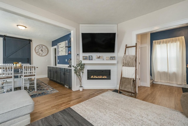 1146 Hall St SE, Grand Rapids, MI 49507 - living area featuring baseboards, a barn door, wood finished floors, and a lit fireplace