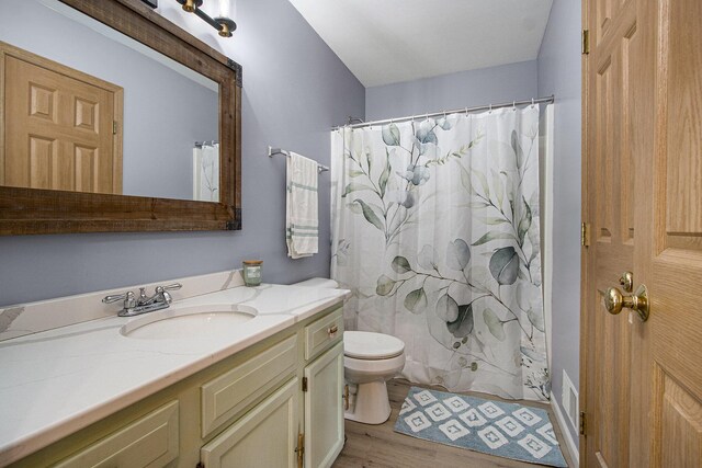 1077 Sun Valley Ln, Allegan, MI 49010 - full bathroom with vanity, a shower with shower curtain, wood finished floors, and toilet