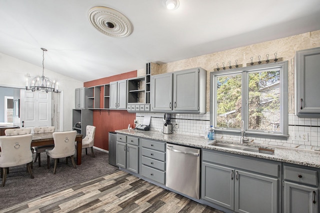 17653 Hiawatha Dr, Spring Lake, MI 49456 - kitchen featuring stainless steel dishwasher, gray cabinets, a sink, a chandelier, and tasteful backsplash