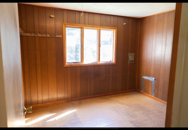 15232 Three Oaks Rd, Three Oaks, MI 49128 - spare room featuring baseboards, wood walls, and hardwood / wood-style flooring