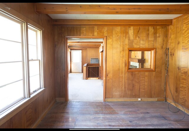 15232 Three Oaks Rd, Three Oaks, MI 49128 - corridor with wooden walls, wood-type flooring, and beam ceiling