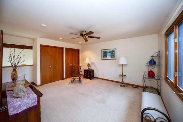 3108 N Rivers Edge Dr, Wayne, MI 48184 - sitting room featuring carpet floors, ceiling fan, visible vents, and baseboards