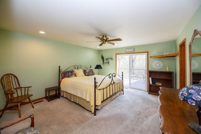 3108 N Rivers Edge Dr, Wayne, MI 48184 - bedroom with access to outside, a ceiling fan, light colored carpet, and recessed lighting
