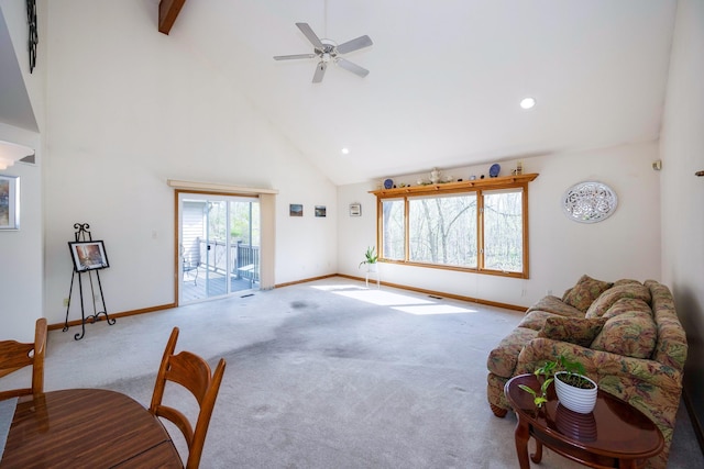 3108 N Rivers Edge Dr, Wayne, MI 48184 - carpeted living room with high vaulted ceiling, a ceiling fan, recessed lighting, baseboards, and beamed ceiling